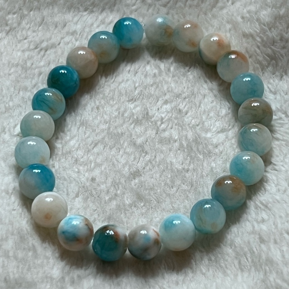 Handmade Confident Natural Blue & Orange Jade Stone Beaded Bracelet, Size 7”